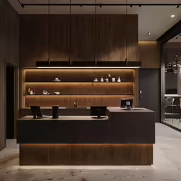 a very modern kitchen that has wooden furniture