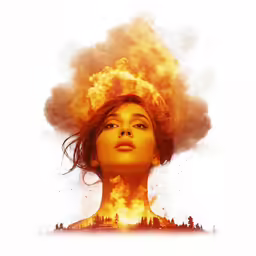 a woman with flames on her head and a cloud of smoke
