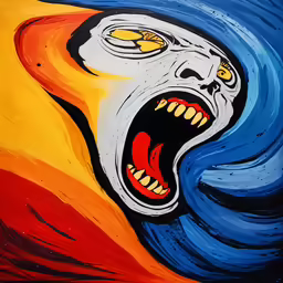 colorful painting of evil looking monster on wall
