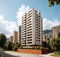 an apartment building near a residential area and trees