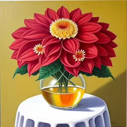 painting of flower vase with honey in glass cup,a painting of a bowl filled with flowers next to a table