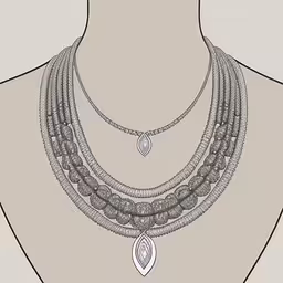 a womens necklace with a large clasp and some smaller beads,a woman wearing a three row necklace,a necklace with a stone drop sits on a mannequin,an artistic image of a woman