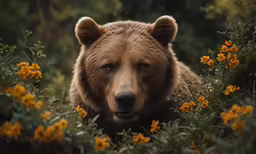 a close - up shot of a brown bear peering out from the woods