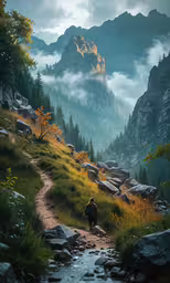 there is a trail leading to a man with a backpack on it