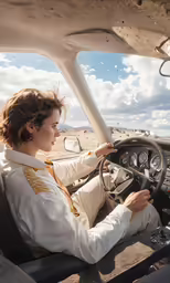 a woman driving a plane through the desert