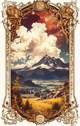 an art nouveau painting shows a mountain range