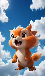 an orange fox standing in the air with its mouth open