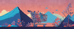 a computer shopping cart is loaded up and parked by a mountain,a shopping cart filled with various types of items