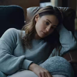 a woman sitting on a couch while she is resting her head against the back of the chair