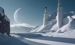 some very tall white buildings in the snow