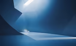 an illuminated, blue room with a light shining in