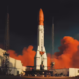 a rocket sitting on top of a pile of dirt