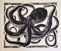 an octopus in black ink drawn on paper,a print on paper that is in black and white