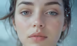 a woman with brown hair and blue eyes staring into the camera