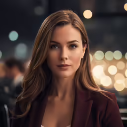 woman in red jacket and white shirt staring at camera