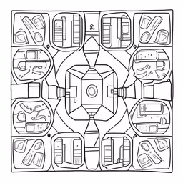 a coloring page with various shapes of furniture,a drawing of the surface of the space with different objects