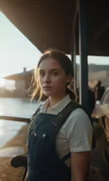 woman wearing overalls and standing by water