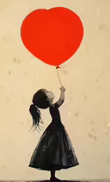 a little girl standing in the street holding a red heart balloon