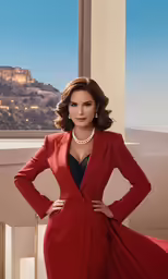 woman in a red suit poses with her hands on hips