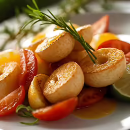 a plate of shrimp, tomatoes, and lemons with some herbs