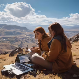 two woman sit together and look at a laptop
