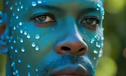 the face of a man covered with blue body paint