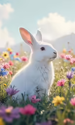 a white bunny sits in the middle of flowers