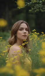 a woman in a field of yellow flowers