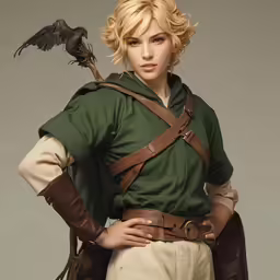 a woman with her hands on the hips and a bird on her shoulders