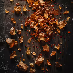 a pile of golden leaf sitting on top of a wooden table
