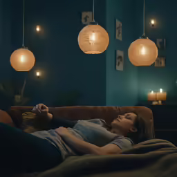 a woman is laying on a couch beneath three lights