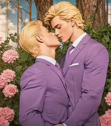 two people in suits and tie kissing near pink roses,the man and woman are kissing while posing for a painting