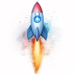 an image of a blue and red rocket ship with watercolor paint splashs on it