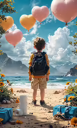 a little boy with a backpack and some balloons
