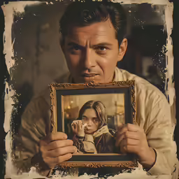 a man holding a picture with a dog inside of it