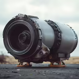 a jet engine is sitting in the middle of the ground