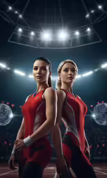 two beautiful woman in red and black are standing next to each other