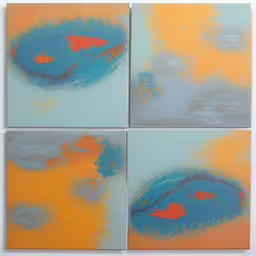 four paintings with bright blue, orange and yellow designs,four square paintings of blue, yellow and orange colors