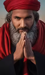 a young man wearing a red turban with his hands together