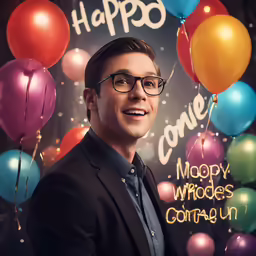 a man is smiling in front of balloons