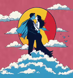 a couple kissing in the clouds under the sun,two people flying through the air above clouds