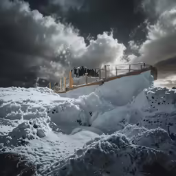 snow piled on a mountain and a bridge