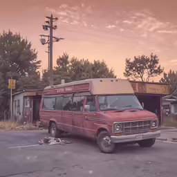 a vintage van parked at an old train station