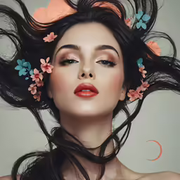 woman with large pink and blue flowers around her hair
