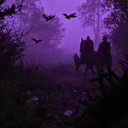 an image of birds flying in the fog