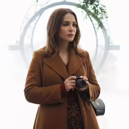 a woman taking a picture while holding a camera