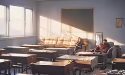 there is a couple sitting in the middle of this room