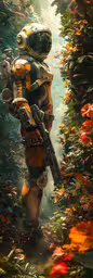 an in game character that appears to be walking on a path,a futuristic man stands in a forest with flowers