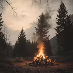 a campfire sits on the ground surrounded by tall trees