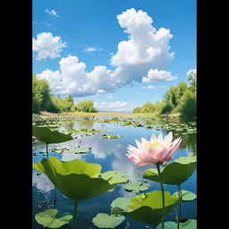 a large pink flower sitting on top of a lush green pond